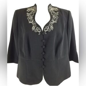 Plaza South Black Embroidered Scalloped Collar Blazer Size 18P